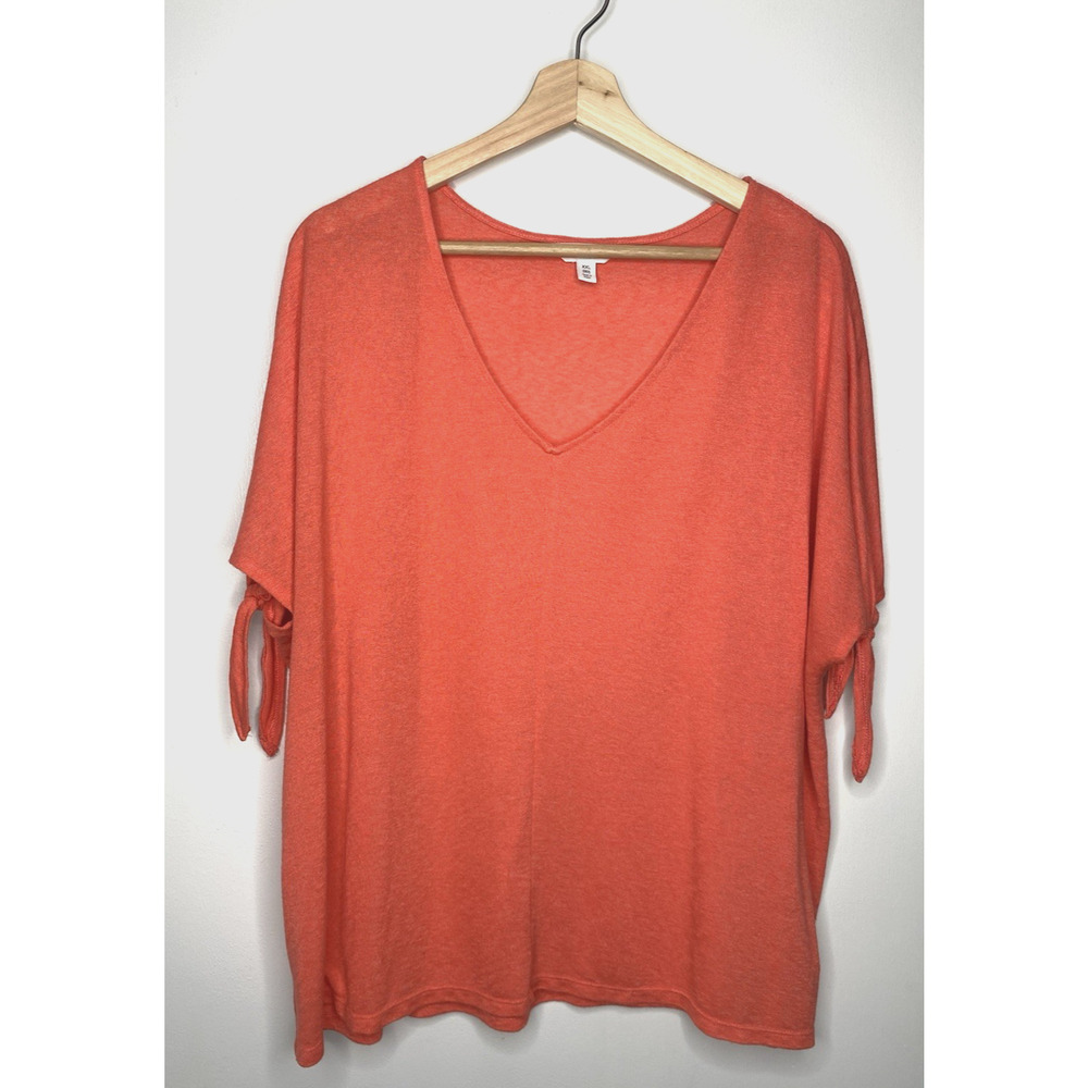 Time & Tru Womens Plus Size 20 Salmon Pink V-neck Knit Top Short Tie Sleeve